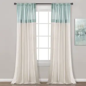 95"x40" Farmhouse Faux Linen Pleated Window Curtain Panels Blue - Lush Décor