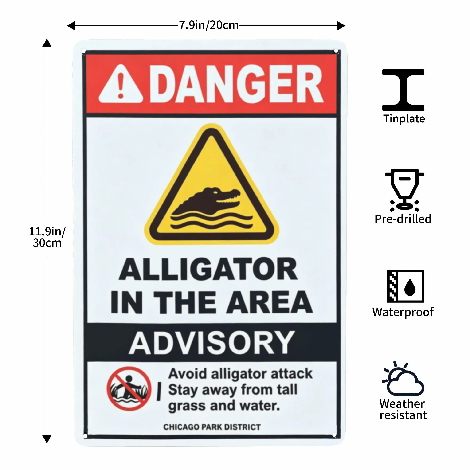 8x12in Waterproof Pre-Drilled Alligator Danger Advisory Metal Plaque Sign, Outdoor Home Decor & Property Safety Warning for Lakefront Areas - 'DANGER ALLIGATOR IN THE AREA', Tin, Full Print