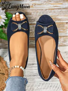 Langmoon 2026 Luxury Rhinestone Bow Flat Sandals, Velvet Blue Textile, Anti-Slip Rubber Sole, Comfortable Breathable Summer Shoes