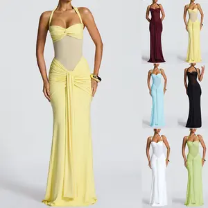 Sexy Backless Bodycon Dress, Ruched Design Slim Fit Long Dress