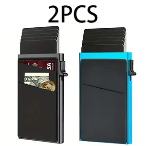 2PCS Men Ultra-Slim RFID Blocking Wallet, Multifunctional Minimalist Aluminum Alloy Credit Card Holder, Automatic Pop-Up Card Holder With Money Pocket, Money Clip, Business Credit Card Case For Notes, Coins, And Card Small Purse, Perfect Gift