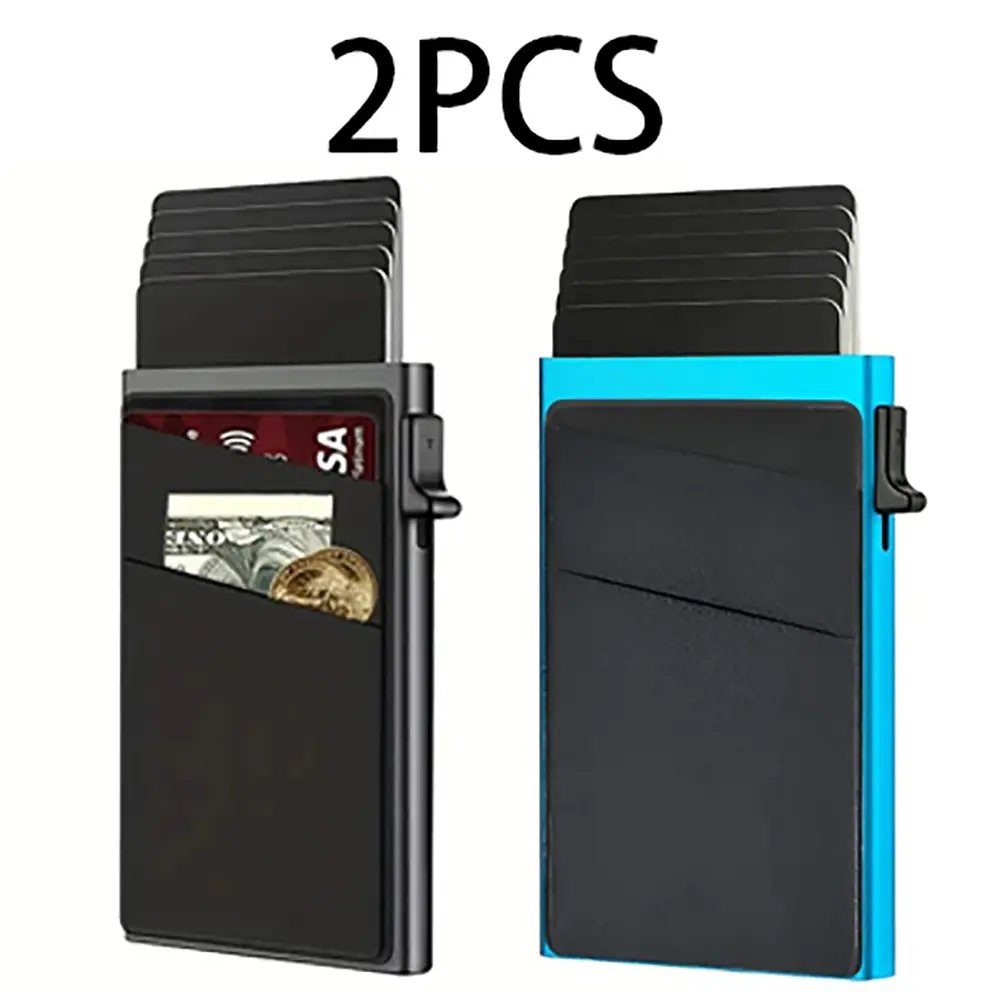 2PCS Men Ultra-Slim RFID Blocking Wallet, Multifunctional Minimalist Aluminum Alloy Credit Card Holder, Automatic Pop-Up Card Holder With Money Pocket, Money Clip, Business Credit Card Case For Notes, Coins, And Card Small Purse, Perfect Gift