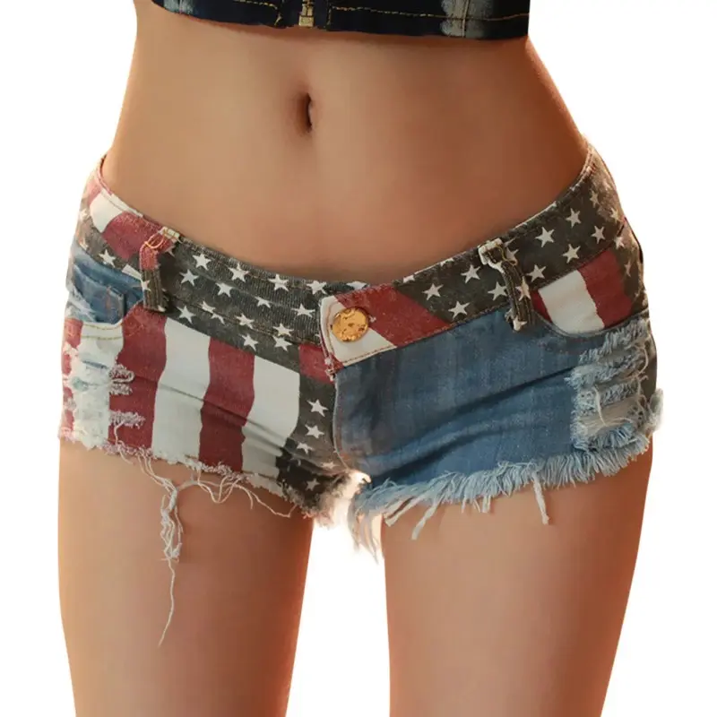 Women's Sexy Low-Waist Denim Sports Shorts, 2026 Summer New Fashion USA Flag Printed, Skinny Hot-Hole Design, Comfortable Fabrics, Flattering Fit, Accentuates Hips, Everyday Casual Wear, S-XXL Blue