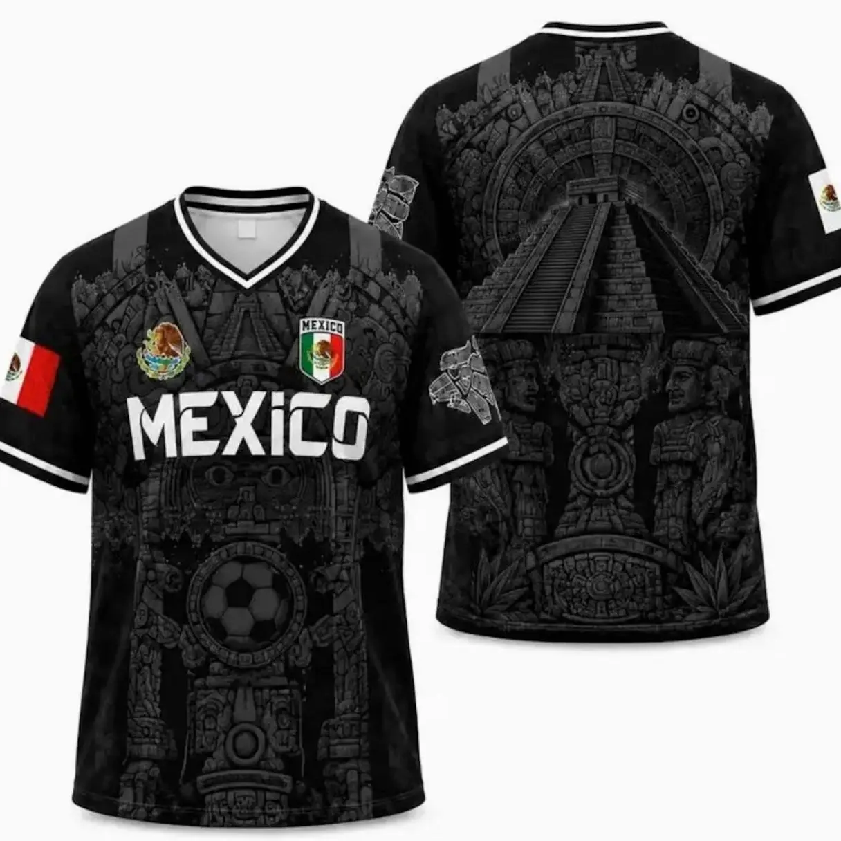 Mexico 2026 Soccer Jersey for Men, Black Retro Football Shirt with Virgin of Guadalupe, Sugar SkullAztec Calendar V-Neck Design