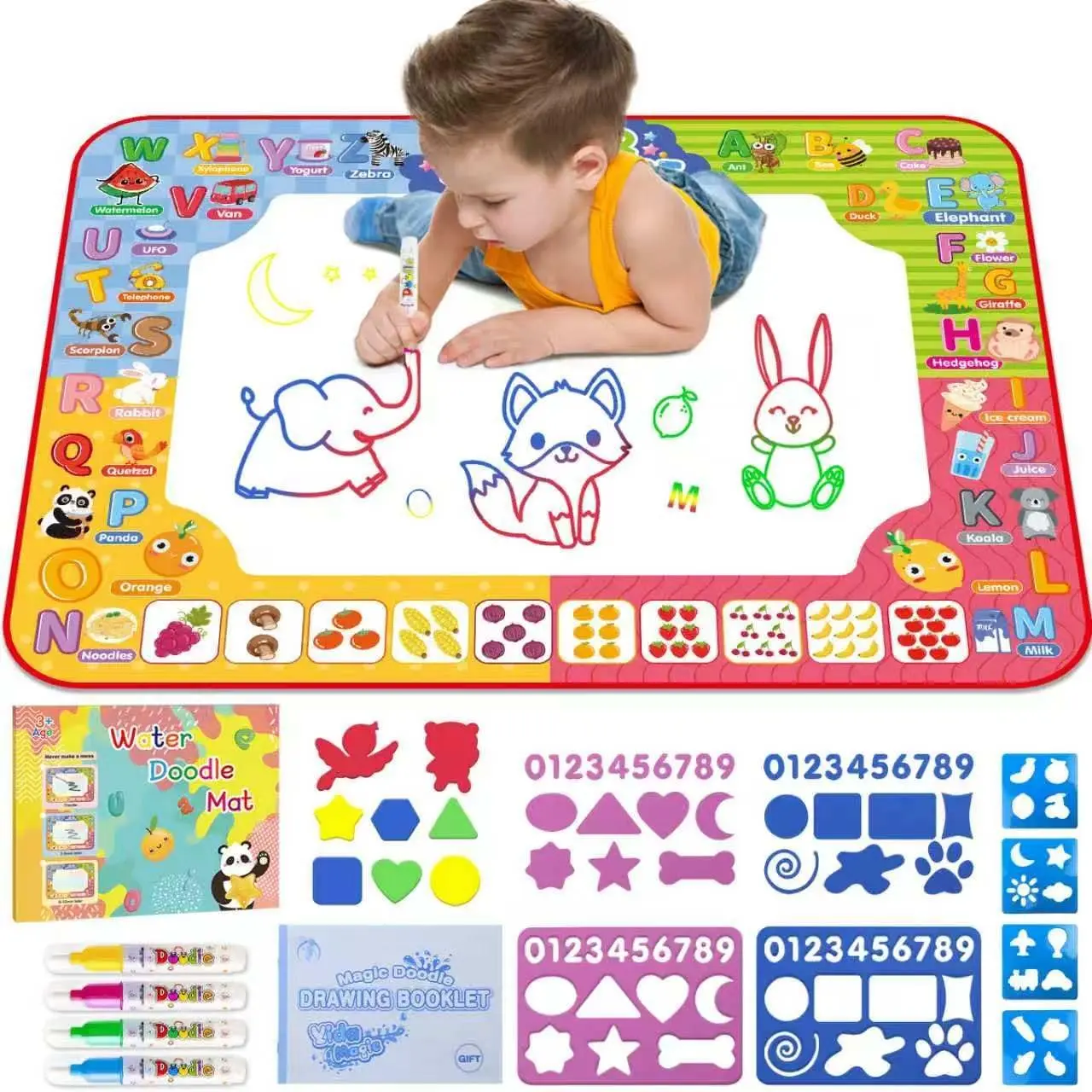 Water Doodle Mat for Kids 32 x 24 Inch, Mess-Free Reusable Water Drawing & Coloring Mat, Magic Painting Writing Board Educational Toy with Water Pens for Boys & Girls Ages 3-8, Birthday & Christmas Gift