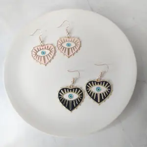 #477 Pink or Black Heart with Blue Evil Eye Earrings, Casual, Spiritual, Alloy, Stainless Steel Hooks