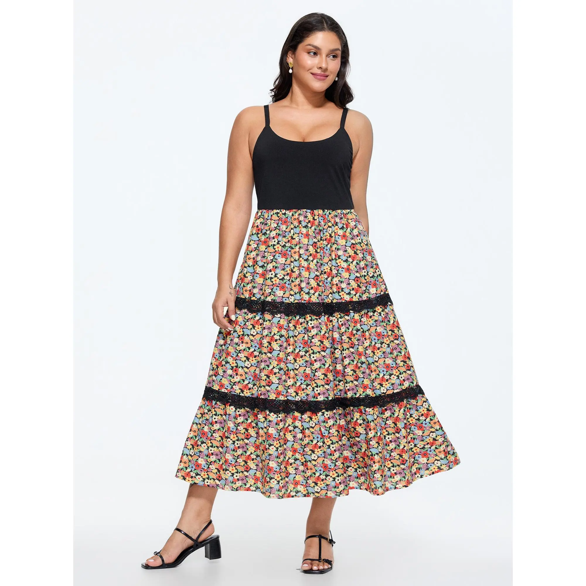 BloomChic Plus Size Ditsy Floral Tiered Maxi Dress, Sleeveless Cami Style with a Relaxed Fit and Pockets in Soft Rayon Fabric, Smooth, Garment, Low Iron, Cold Wash, Do Not Tumble Dry, Women, Casual, Flower, Plus Size Clothes, Curvy Clothing, Polyester Ble