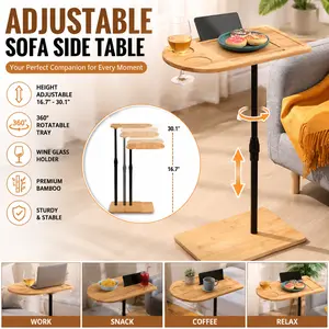Couch Tray Table Bamboo Side Table Height Adjustable C Shaped Sofa Table with Phone Slot Wine Holder Oval Rectangle End Table for Bed Chair Living Room Bedroom