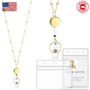 Lanyards for Id Badges Stainless Steel with 2 Pcs Waterproof Badge Holder (Gold)