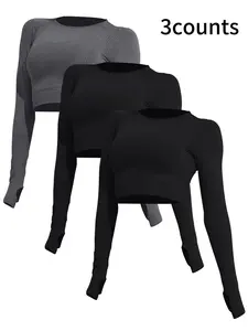 Women's Solid Raglan Sleeve Sports Tee, Breathable Comfortable Long Sleeve Round Neck Crop Top for Yoga Gym Workout Running, Ladies Sportswear for Spring & Fall