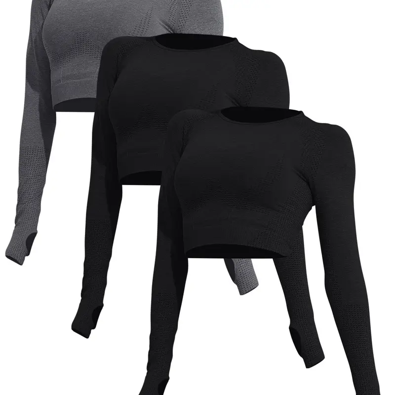 Women's Solid Raglan Sleeve Sports Tee, Breathable Comfortable Long Sleeve Round Neck Crop Top for Yoga Gym Workout Running, Ladies Sportswear for Spring & Fall, Compression T Shirt, Workout Tops
