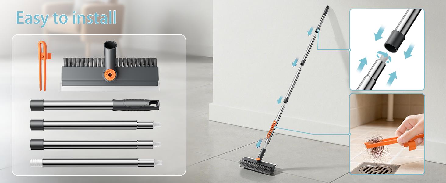 AIR U 3-in-1 Floor Scrub Bathtub Brush with Long Handle, Double-Sided, Heavy-Duty Stiff Bristles & Squeegee – Scrape & Scrub for Shower, Bathroom, Patio, Garage, Kitchen, Wall & Deck – Home Cleaning Essentials