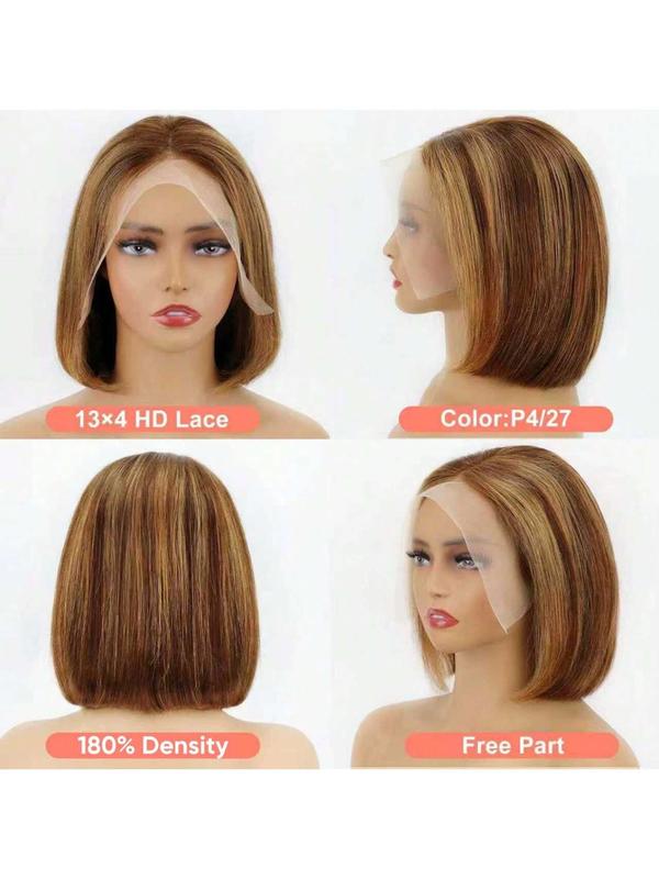 Highlight Bob Wig Colored 4/27 Highlight Bob 13X4 HD Lace Front Wig Straight Human Hair Pre Plucked With Baby Hair Ombre Brown Honey Blonde Bob Wigs For Women,8-16 inch,Natural Look for Everyday HD Lace Frontal Natural Looking Hair