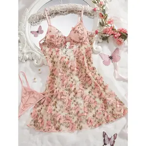 Women Sexy Embroidery Nightgown Lace Floral Nightdress Deep V-neck Sleepwear G-string