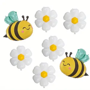 7-Piece Bee and Daisy Gold Foil Balloon Set, Cute Smile Bee & Fresh Daisy Design, Perfect for Spring Birthday, Wedding, Mother's Day Decorations, Balloon Decorations Kit, Balloon Party Supplies