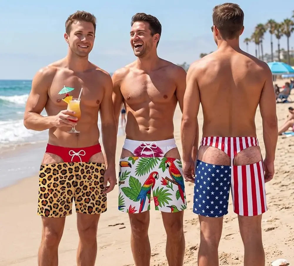 Men Novelty Illusion Swim Shorts, Funny Beach Trunks, Summer Vacation Pool Party Shorts