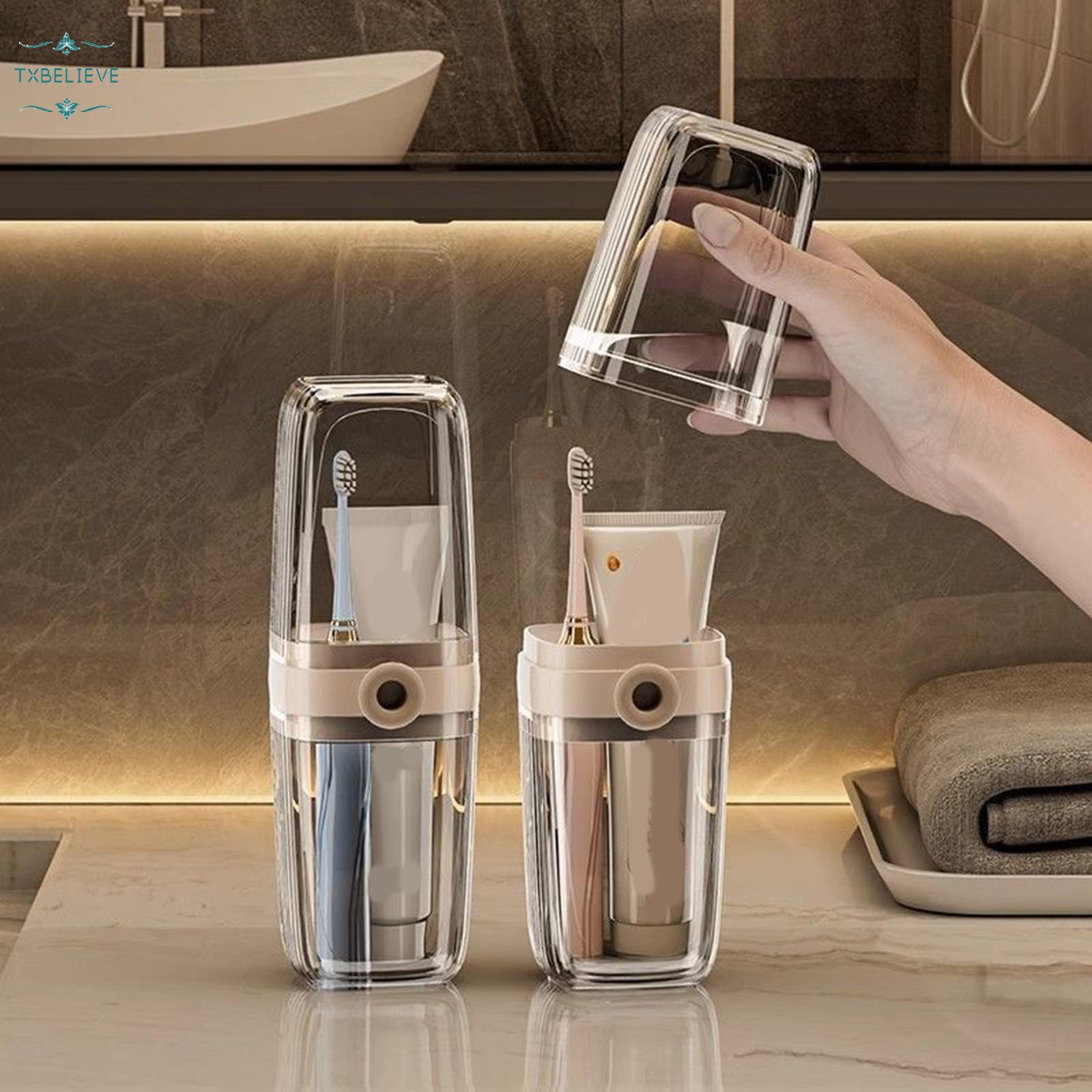 Toothbrush Travel Case, 2 in 1 Toothbrush Holder and Rinse Cup, Large Capacity Toothbrush Cup with Cover, Portable Travel Toothbrush Holder for Traveling, Camping, Trip - 1Pcs - Beige&Clear