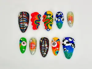 HelenNails – Psychedelic Press On Nails with 3D Sculpted Abstract Patterns – Vibrant Handmade Nail Art with Unique Vibes – HL334