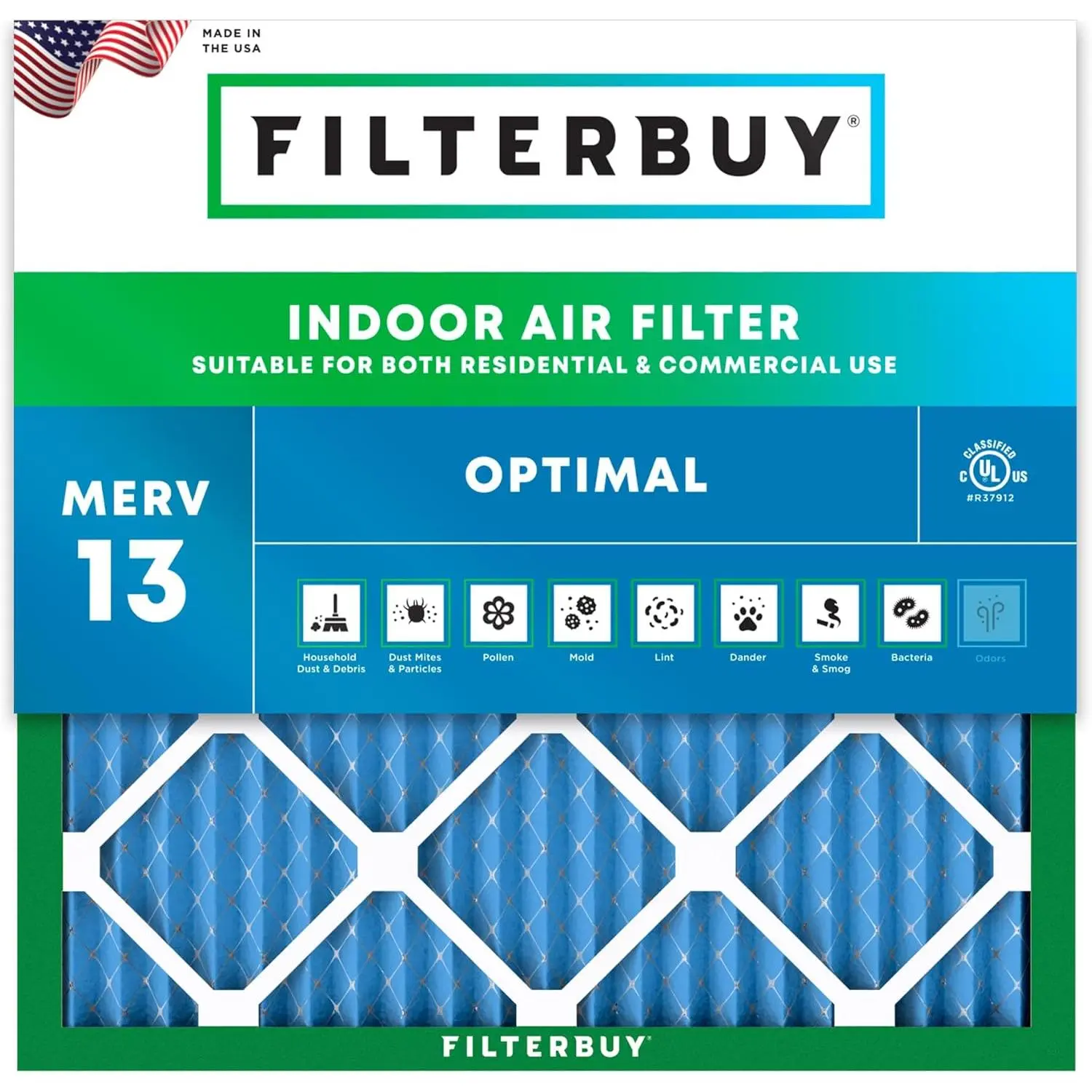 Filterbuy Replacement HVAC AC Furnace Air Filter (1-Pack) - 12x12x1 in Pleated MERV 13 Optimal Defense, Polypropylene Slide-In, Actual Size 11.75x11.75x0.75 in, High Particle Capture