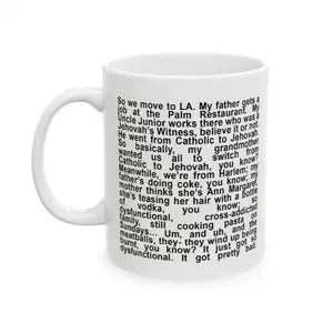 Mugora - [MADE IN US] Queen of Melrose "My Father Gets a Job at the Palm Restaurant" Mug, Funny Story Paragraph Ceramic Coffee Mug 11oz 15oz, Minimal Black Text Cup, Literary Humor Mug, Unique Gift