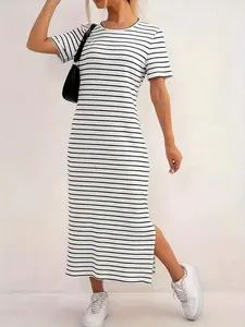 Women's French Lazy Casual Style Striped Dress, Summer Slim Fit Side Split Long Dress, Simple High-End Short Sleeve T-Shirt Dress, Womenswear