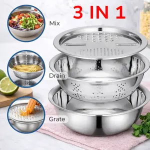 3PCS/1Set Vegetable Slicer, Stainless Steel Slicer, Potato Slicer, Vegetable Washing Basin, Drain Basket, Multifunctional