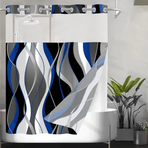 No Hook Shower Curtain and Liner Set Blue Striped Shower Curtain with Snap in Liner Fabric Modern Black Grey Bathroom Set See Through Top Window Washable 71x74 Inch