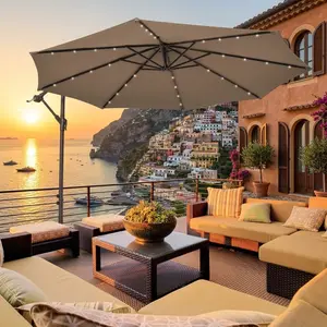 10FT Hanging Offset Patio Umbrella with 32 Solar LED Lights, Outdoor Cantilever Umbrella with Cross Base & Sand Bag, Waterproof UV Protection Sun Shade for Garden Backyard Pool, Multiple Colors Beige Turquoise Dark Gray Burgundy Coffee Navy