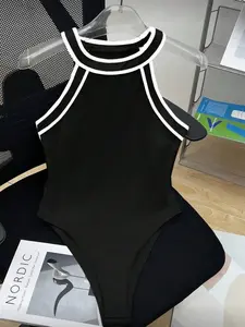 Women's Halter Neck Sexy Slim Fit Bodysuit, Fashionable Colorblock Design, Inner Wear or Outerwear, Stylish One-Piece Jumpsuit