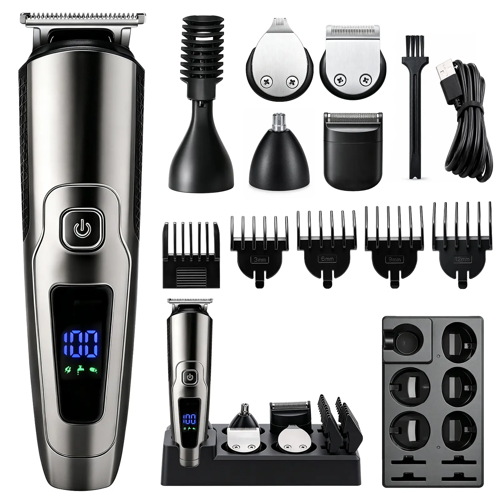 Men's LCD Display Hair Clipper Set - USB Rechargeable, Cordless, Washable Multifunctional Trimmer with 5 Limit Combs & Brush