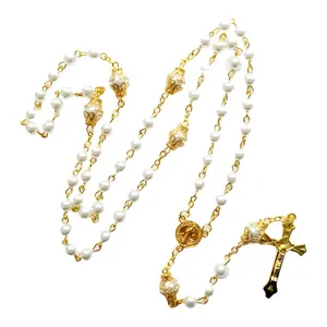 Vintage Pearl Beads Rosary Necklace Jesus Christ Crucifix for Cross Pendant Necklaces Women Jewelry Charm