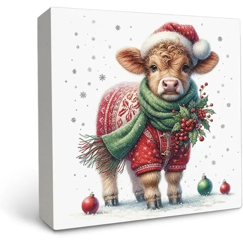Christmas Highland Cow Wooden Box Sign, Highland Cow Christmas Decorations, Western Christmas Decorations, Christmas Wood Signs for Home Office Desk Table Shelf Decor, 5x5 Inch