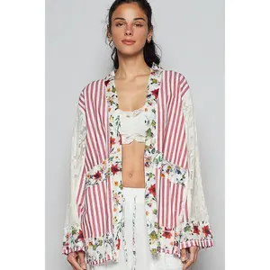 POL Lace Long Sleeve Striped Cardigan with Floral Patchwork Detail
