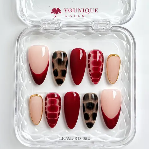 Younique Nails NUDE HANDMADE FRENCH TIP Reusable False Acrylic Set Kit Luxury Glossy Press-On Salon Quality Fake Press On Week Wear 10-Piece Medium Almond Soft Base Design Gold Different Size Light Party Unique Look Art Ready Night Outing Fashion