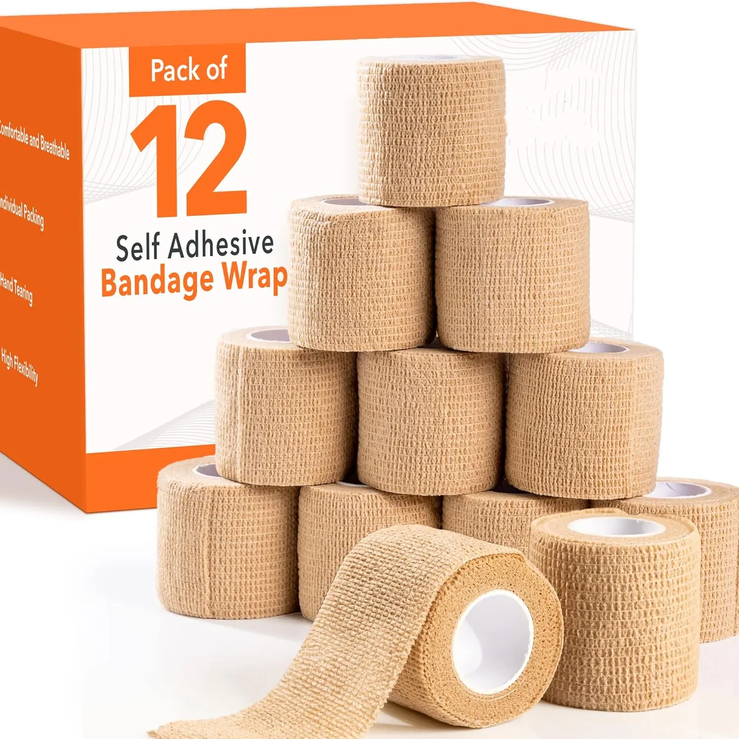 12-roll pack of medical-grade elastic adhesive bandages Elastic bandages for securing football and basketball equipment Ankle, wrist, knee, elbow, and finger supports