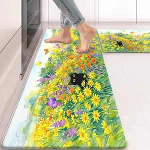 Flower cat Cat Kitchen Rug Mats for Floor Cushioned Anti Fatigue Floral Kitchen Rugs Sets of 2 Farmhouse Wildflowers Non Slip Waterproof Comfort Memory Foam Standing Floor Mat for Office Laundry Sink Desk