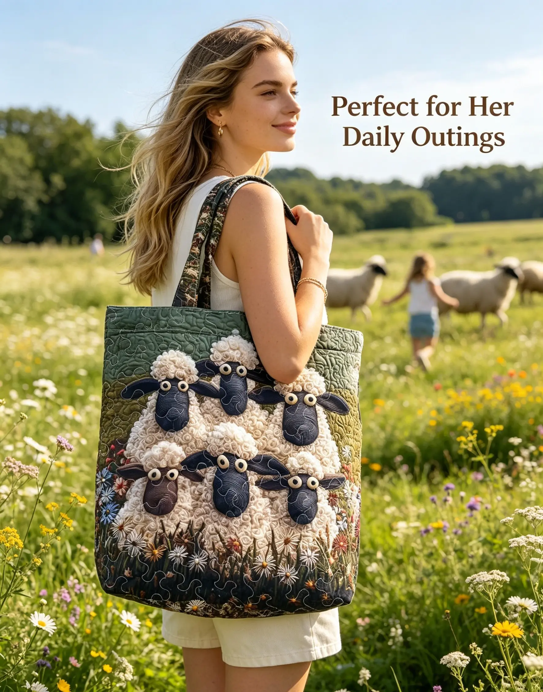 Women’s Quilted Sheep Print Tote Bag - Quilted Texture, Soft Fabric, High-Capacity Home Organizer Storage Bag for Summer Trips, Errands