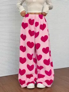 Women's Y2K & Heart Plush Pants, Winter Warmth Oversized Straight-Leg Trousers, Cozy Leggings for Casual & Party Wear, Casual Chic Trousers