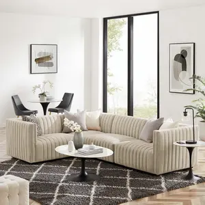 Conjure 4-Piece Channel Tufted Upholstered Fabric L-Shaped Sectional in Black Beige