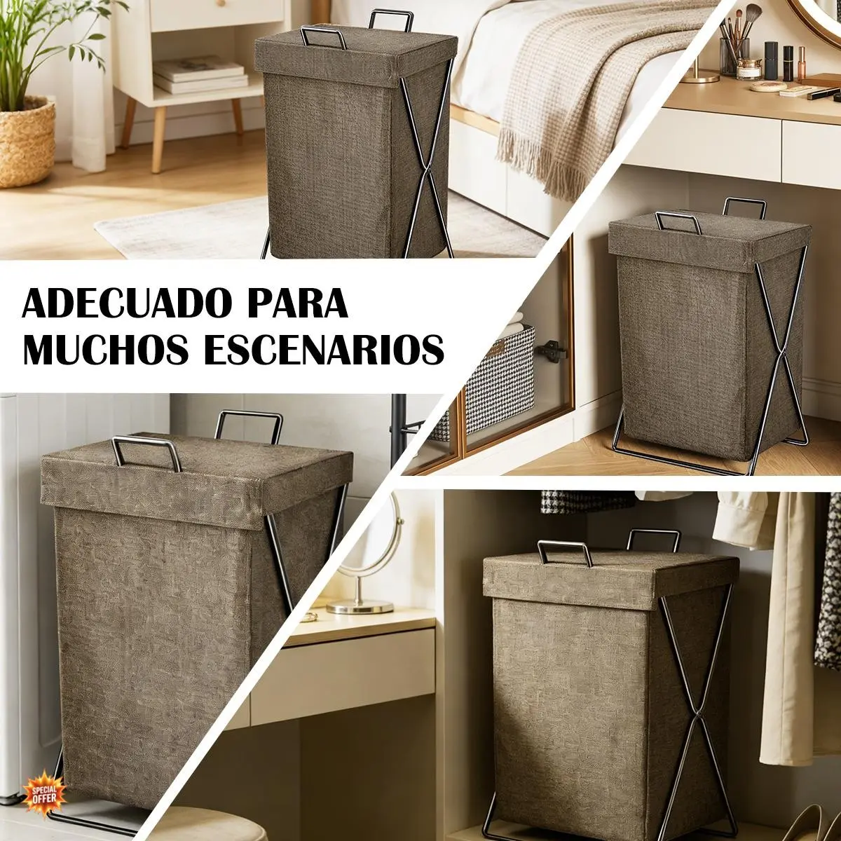Foldable Laundry Hamper with Lid, Canvas Dirty Clothes Organizer Basket, Sturdy Metal Frame, Coffee Color, Space-Saving Storage Bin for Home Laundry Room
