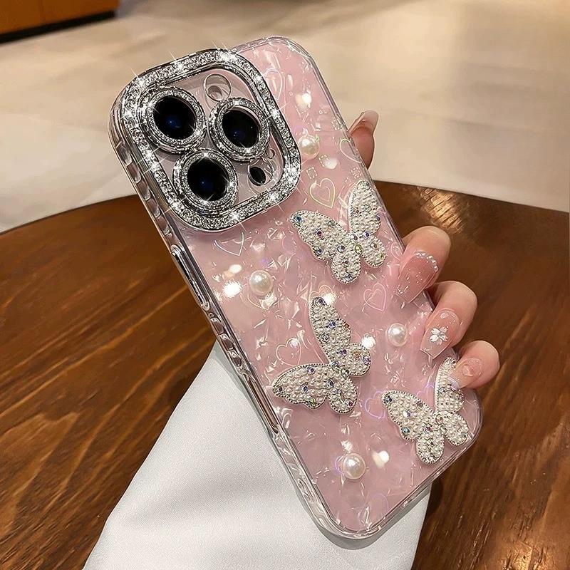 Compatible with iPhone 17 Pro Max/ 16/15/14/13 Shell pattern hand pearl bow phone case-HN312-2