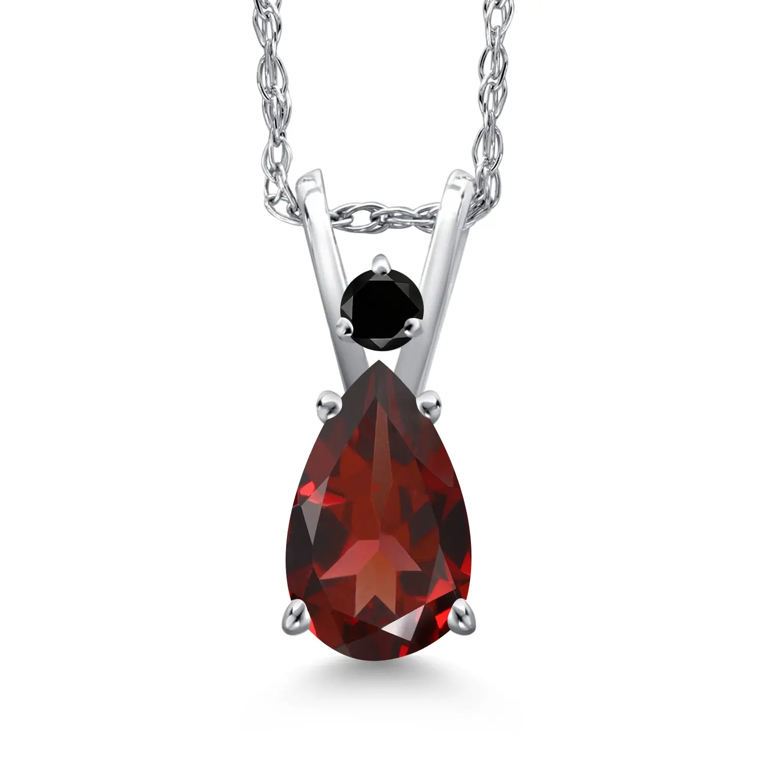 14K White Gold Red Garnet and Black Diamond Pendant Necklace for Women | 0.80 Cttw | Gemstone January Birthstone | Pear Shape 7X5MM and Round 2MM | With 18 Inch Chain
