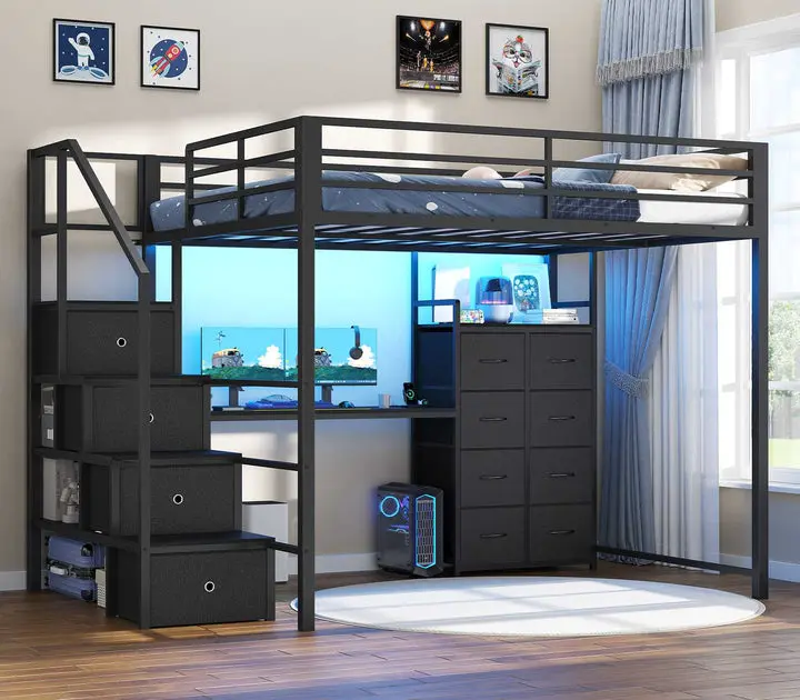 ADORNEVE Full Size Metal Loft Bed Frame with LED Lights, Desk, Storage Stairs, Charging Station, 12 Drawers & Open Shelves - Bedroom Furniture, Full Size Bed Frames