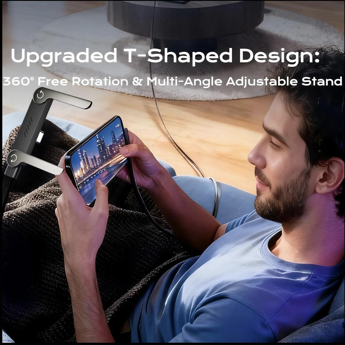 Outdoor mobile portable indoor travel tool 240W fast charging data cable | Woven material, foldable stand, black - Dual-purpose fast charging cable for phone charging and desktop video viewing, Type-C to Type-C, USB-C interface type