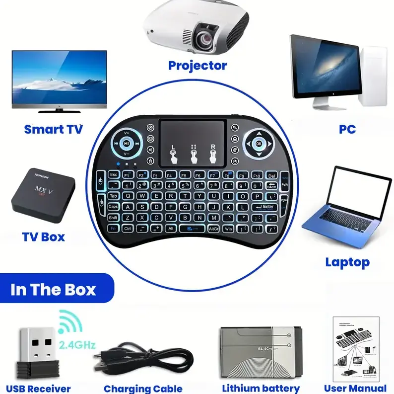 Wireless Mini Keyboard with Touchpad, Portable Keyboard, Wireless Computer Keyboard, 2.4G Backlit Wireless Keyboard, Mini Keyboard for Android TV Box, Smart TV, PS3, External Keyboard