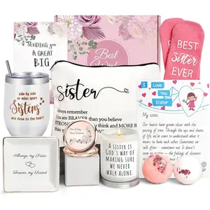 9PCS Sister Gift Basket Best Birthday Christmas Mother’s Day Gifts from Sister 12oz Tumbler 14oz Lavender Candle Poster Cosmetic Bag Fizzy Socks Bath Bombs Mirror Jewelry Dish
