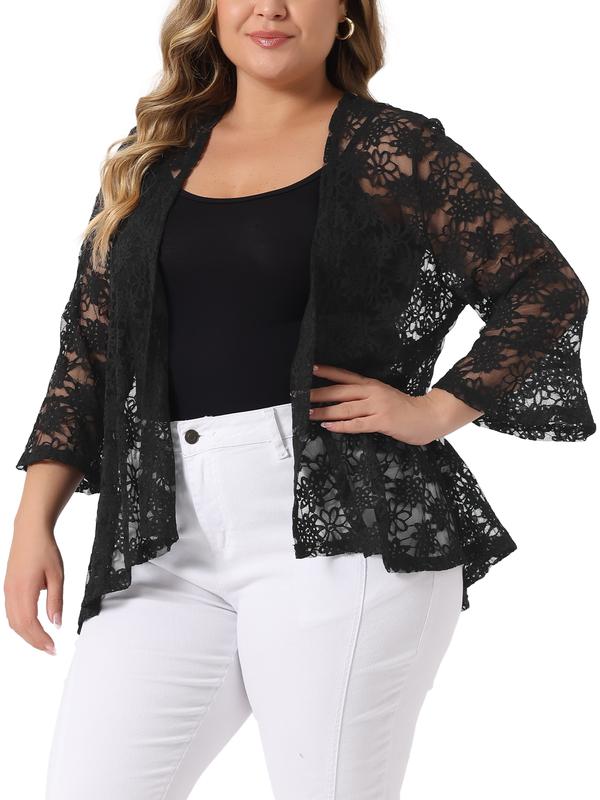 Agnes Orinda Plus Size Cardigans for Women Open Front 3/4 Bell Sleeve Sheer Lightweight Lace Cover Up Black