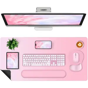 4-in-1 Large Gaming Mouse Pad, Keyboard Wrist Rest Pad & Wrist Support Mousepad Set, Extended Desk Pad Waterproof Desk Mat for Girl Women Home Office Decor Study Game 35.4*15.7 Inches I Soft Pink