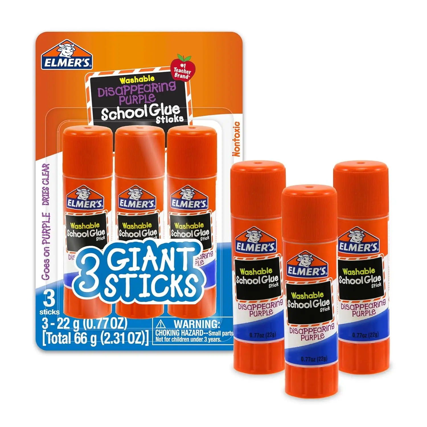 3-Pack Washable Purple Glue Sticks for Kids - 22 Grams Disappearing Craft Glue for Classroom, School Projects & Crafting