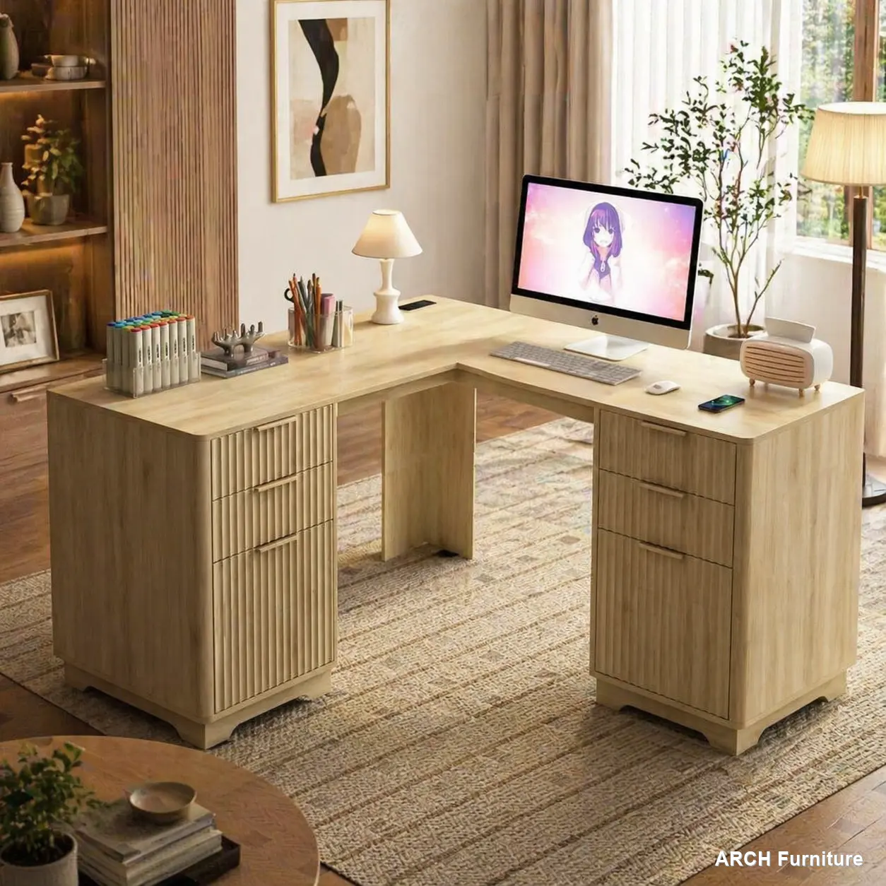 Modern Arch L-Shaped Corner Office Desk with Drawers, Bookshelf, Storage, Charging Port - Desk-Included, L-Shape, Laptop-Friendly, Sit-Down, Stationary Computer Armoires for Home Office Study, Desk-Included Computer Armoires